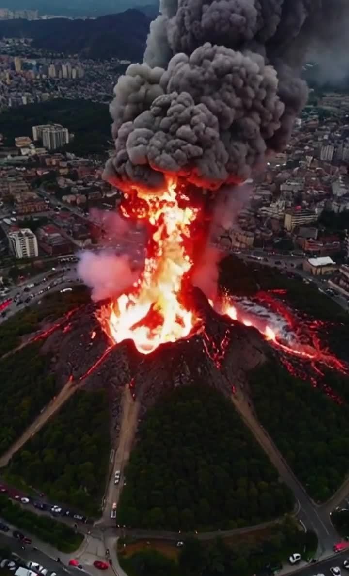 城市火山爆发：岩浆涌动车辆穿梭