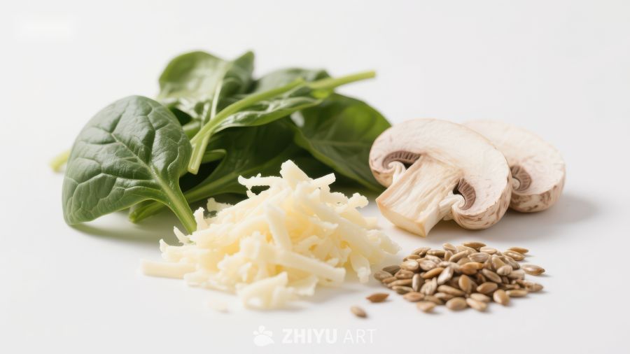新鲜食材组合：菠菜、蘑菇、奶酪与坚果