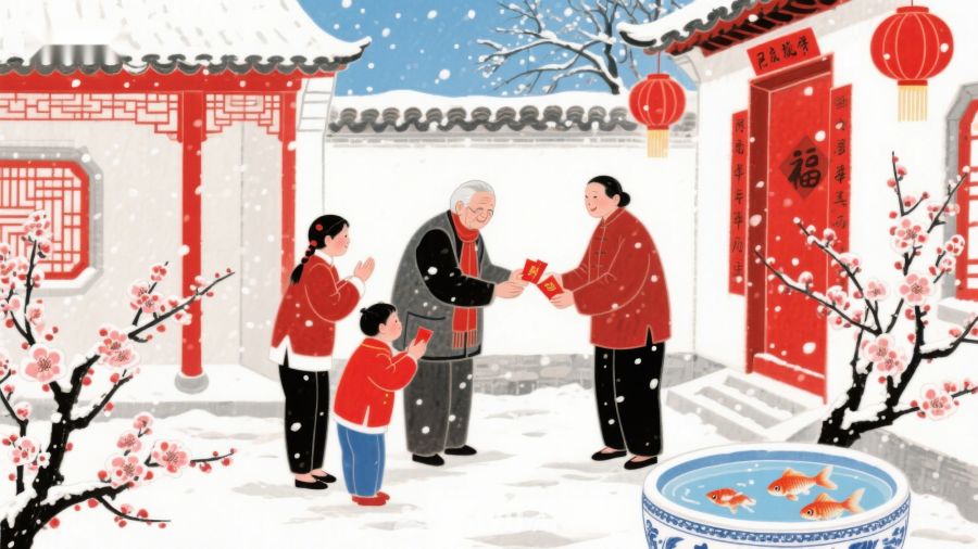 雪中庭院，家人互赠红包 123