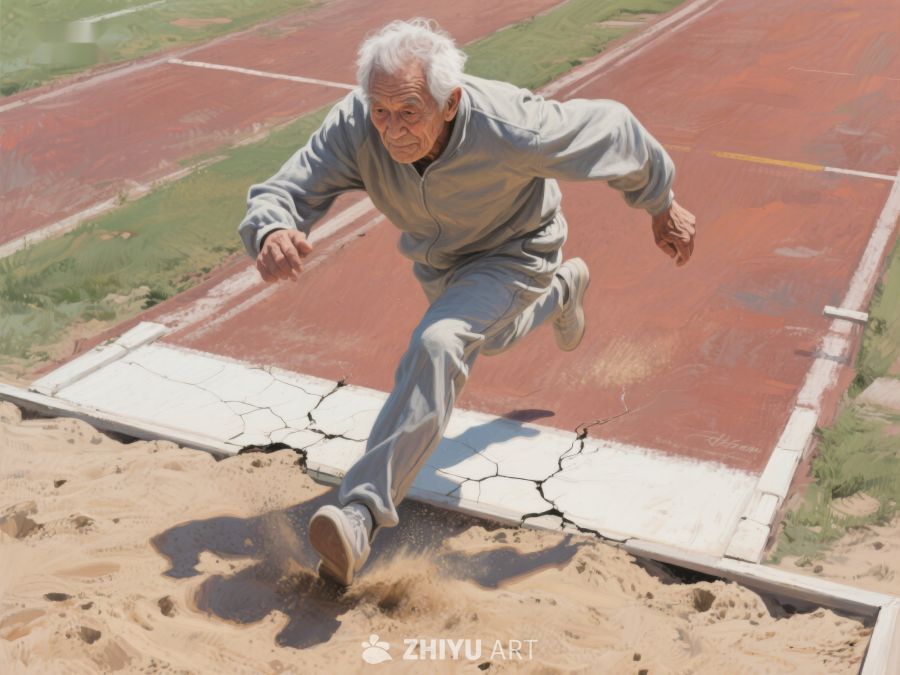 老人在沙坑中进行跳远运动 529