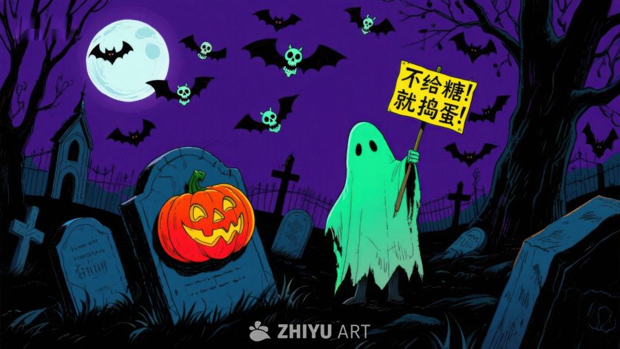 万圣节夜景：幽灵持牌，南瓜灯闪烁
