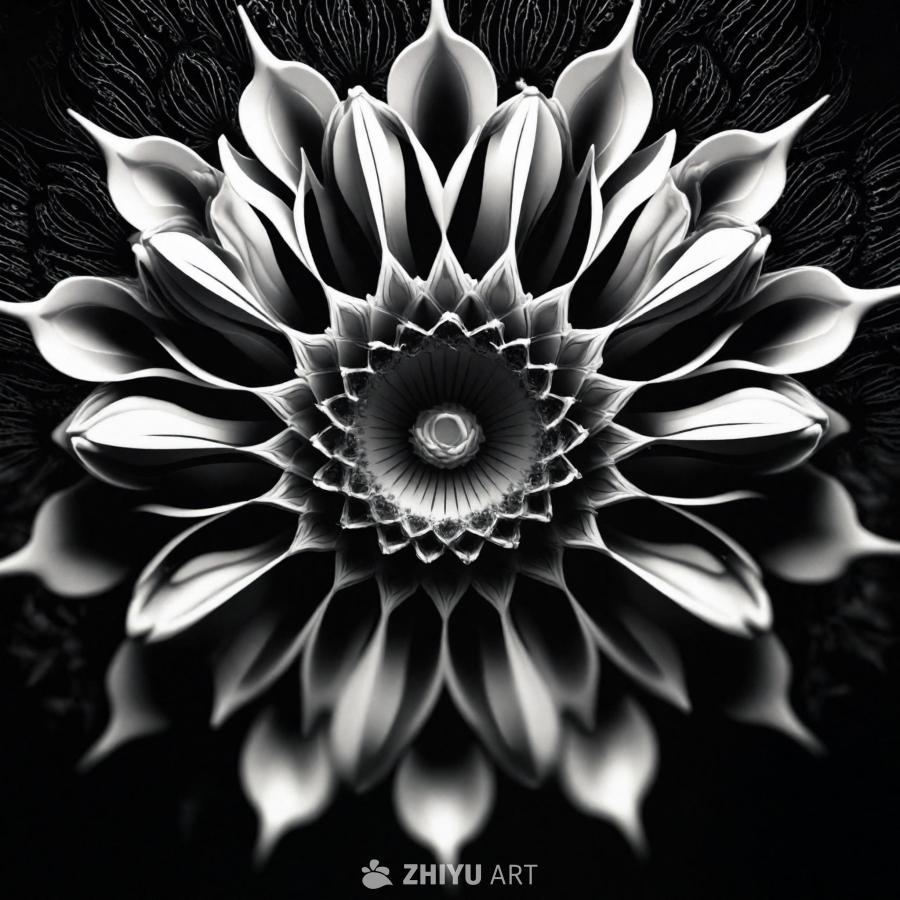 黑白照片中，一个引人注目的3D花卉造型占据中心位置