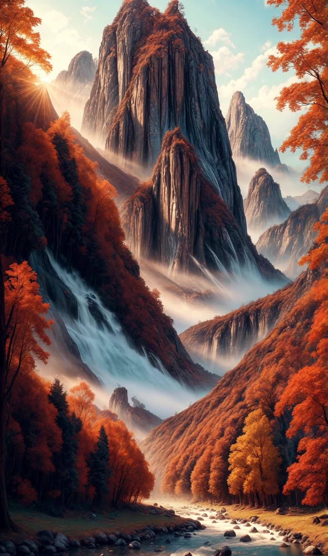 金秋时节，镜头逐渐向上移动，画面呈现一片山河美景。