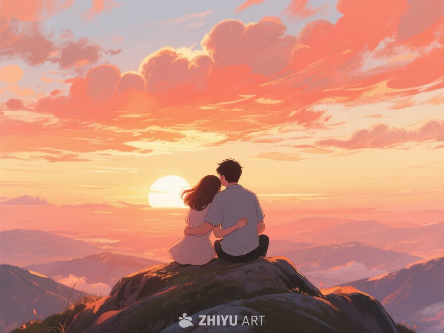 山顶情侣共赏夕阳美景 626