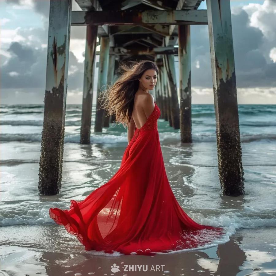 一名身穿红色连衣裙的女子站在水中，场景中有一个老旧