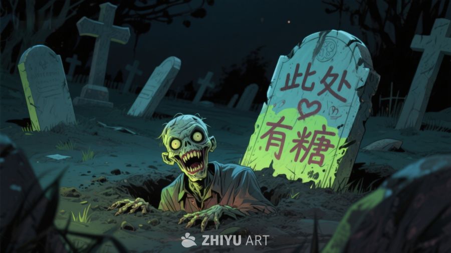 墓地僵尸探头，墓碑上写“此处有糖”
