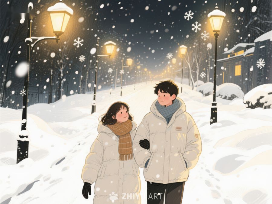 冬夜雪景中漫步的情侣 146