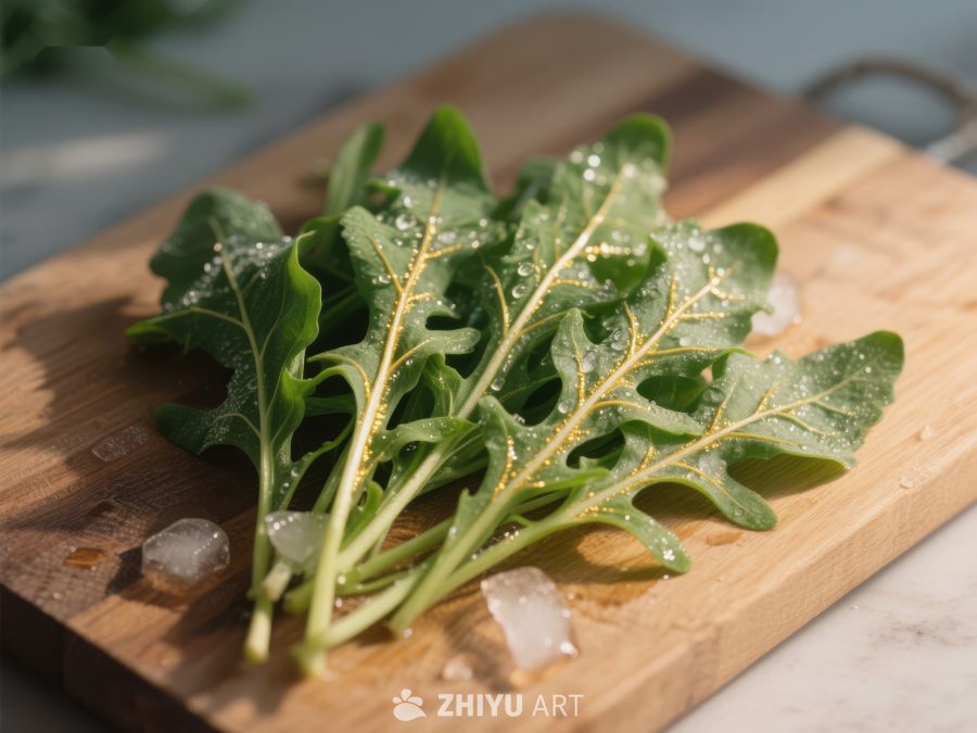 新鲜绿叶蔬菜置于木质砧板上 542
