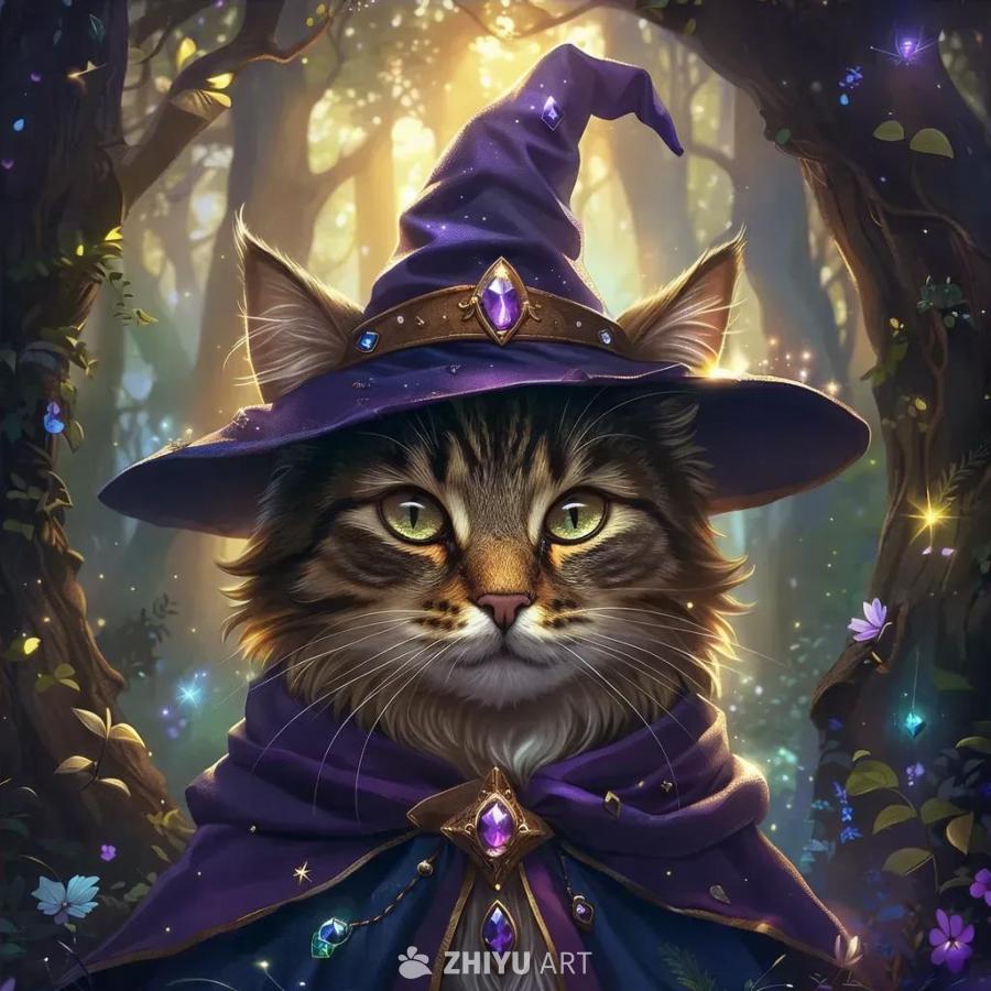 一只猫站在一个梦幻般的森林空地上，戴着一顶高高的、