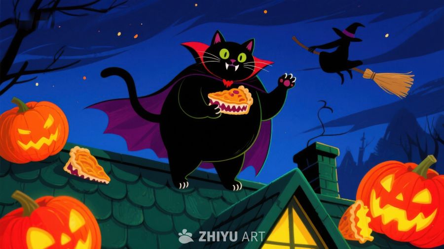 万圣夜屋顶上的黑猫与南瓜灯