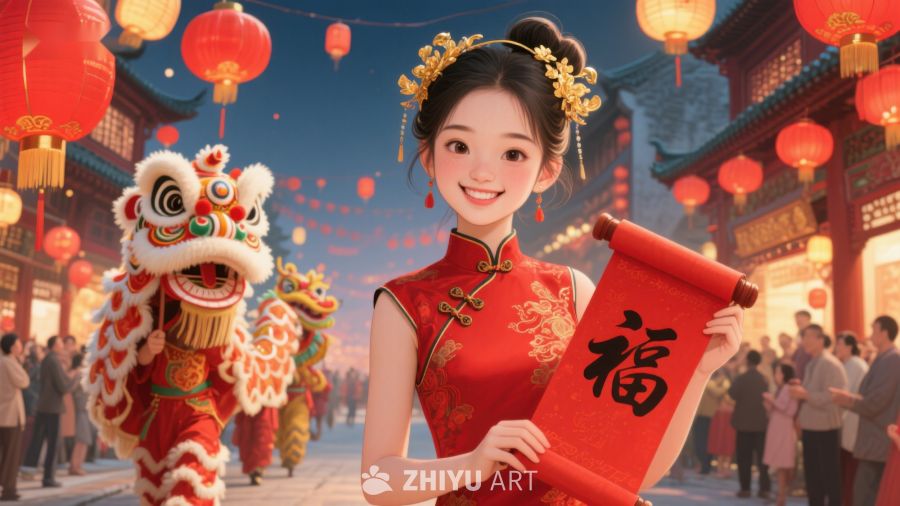 女子手持福字卷轴，背景舞狮庆祝 731