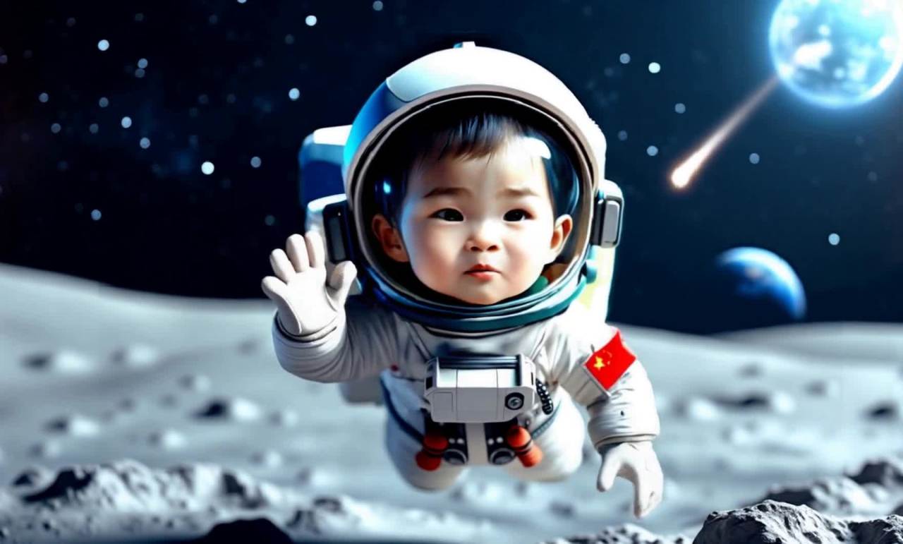 一名穿着宇航服的儿童在月球表面上方漂浮。宇航服上有