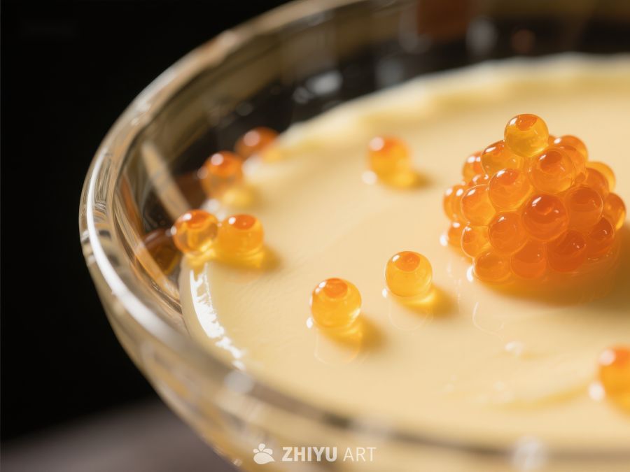 精致甜品：奶油与鱼子酱点缀