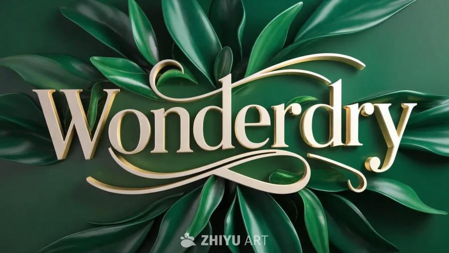 翠绿色的背景上，金色字体的“Wonderdry”字