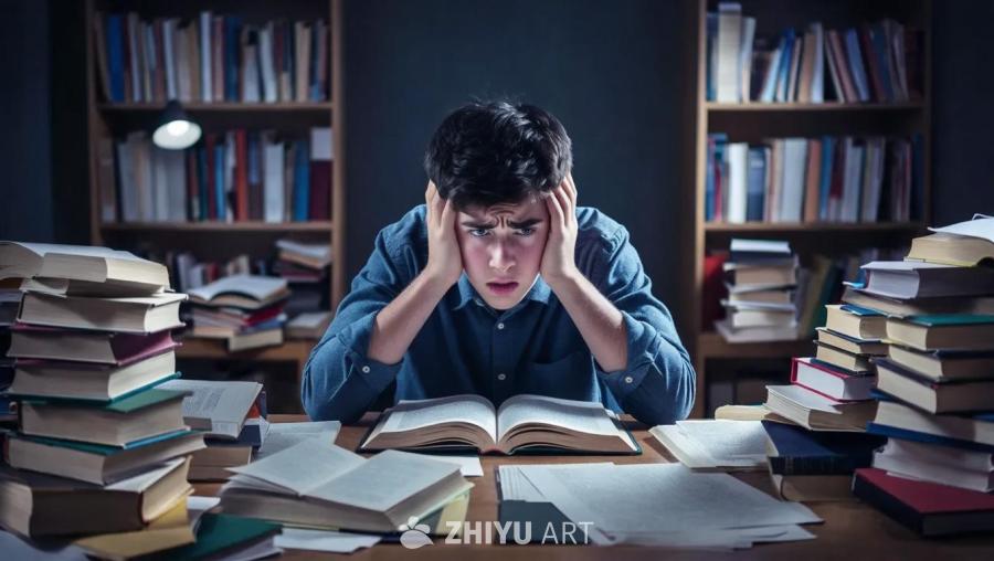 一个学生坐在书桌前，周围堆满了书本。他双手抱头，眉