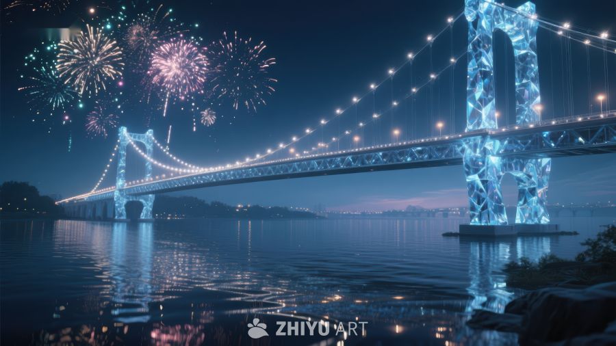夜幕下的桥梁与烟花 894