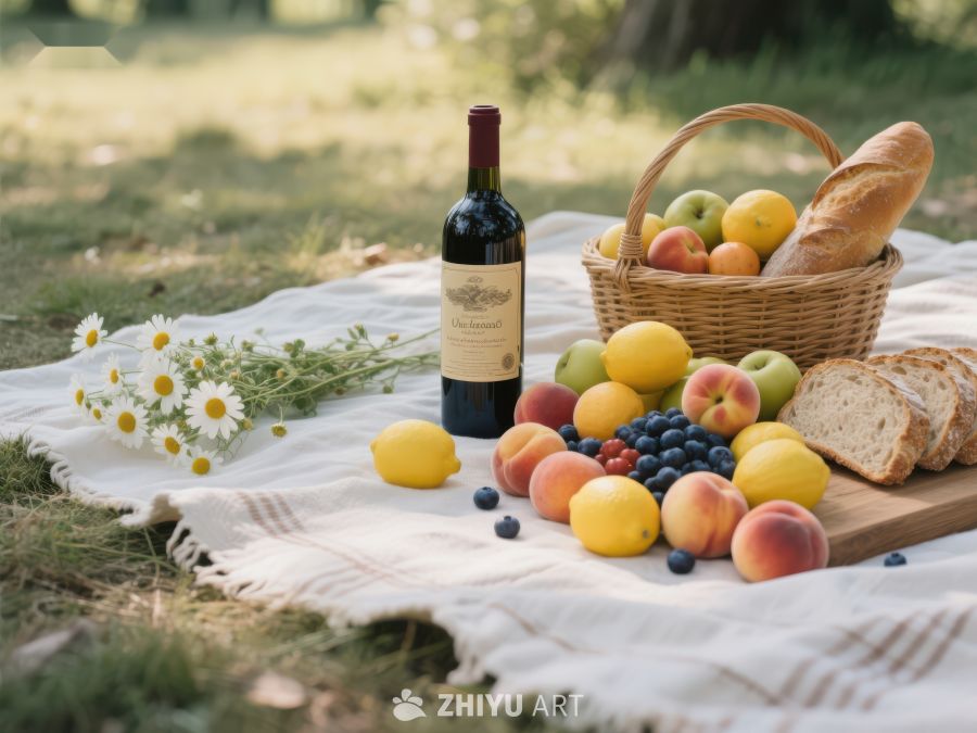 户外野餐布置，水果面包与红酒 240