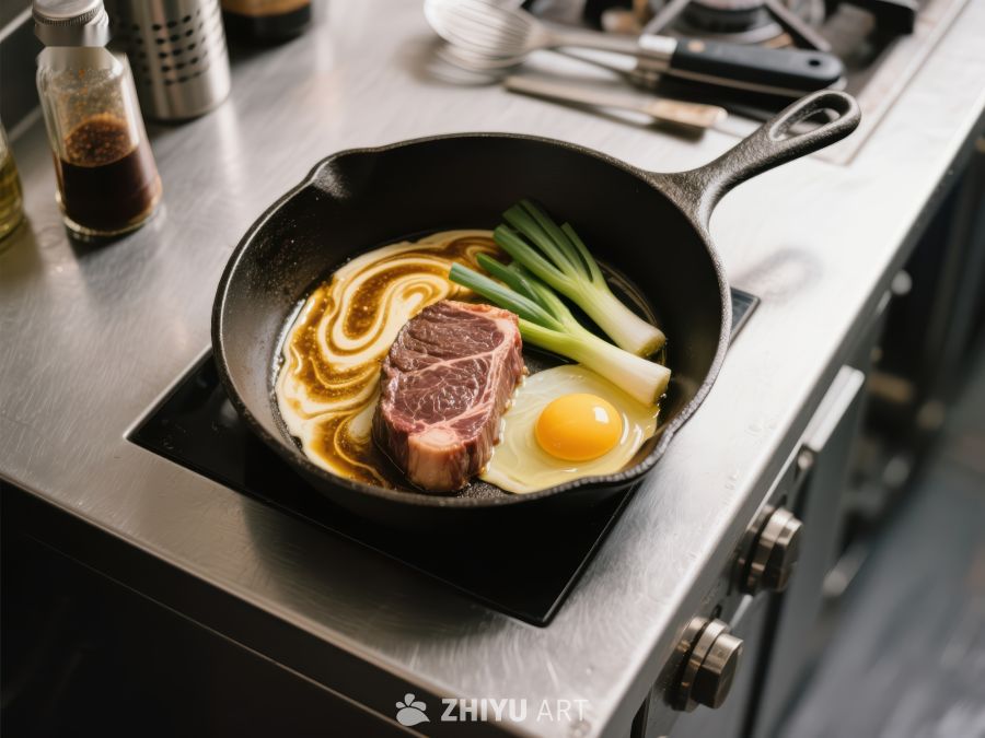 铸铁锅中的牛排、鸡蛋与蔬菜 885