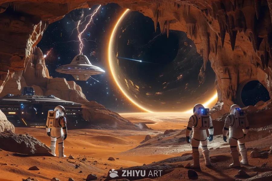 加穆星球的洞穴内部，三名身穿宇航服的宇航员站在红色