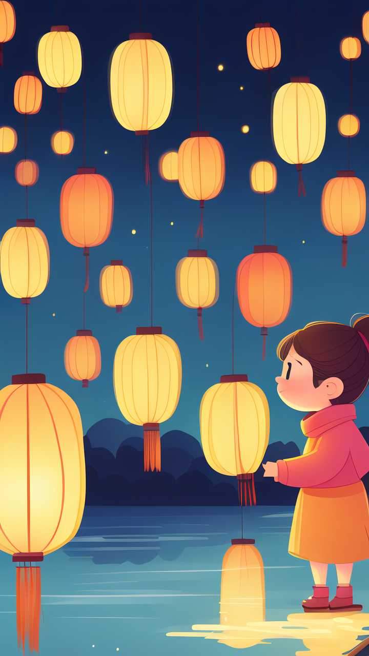 唯美中元节河灯原创插画素材背景