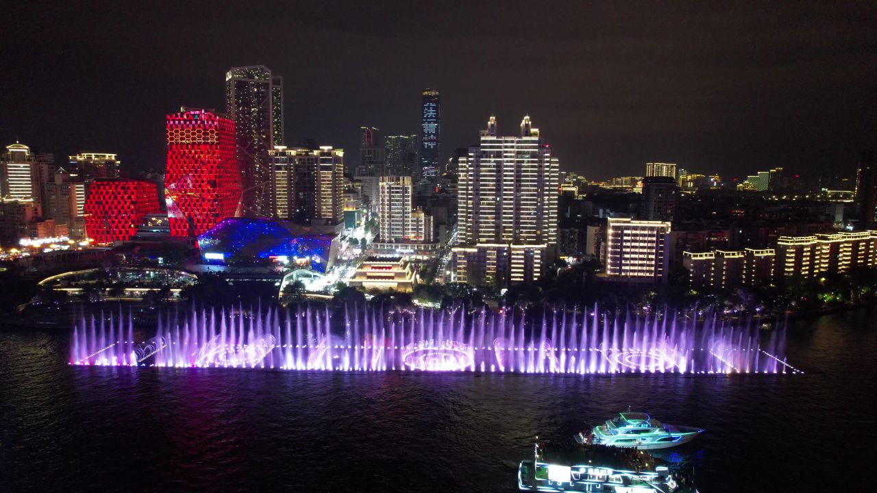  广西柳州音乐喷泉夜景航拍