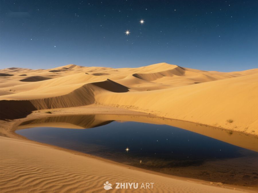 沙漠夜景：沙丘与星空下的静谧池塘 80