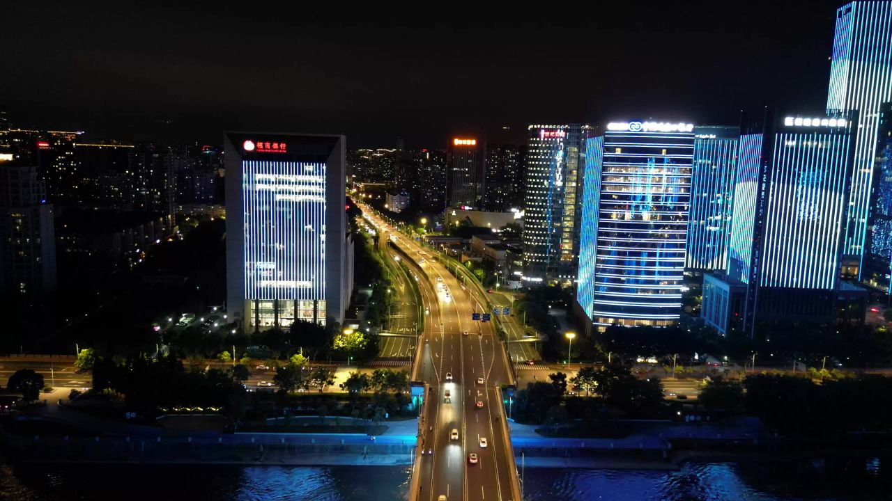 航拍福建福州金融街高楼夜景