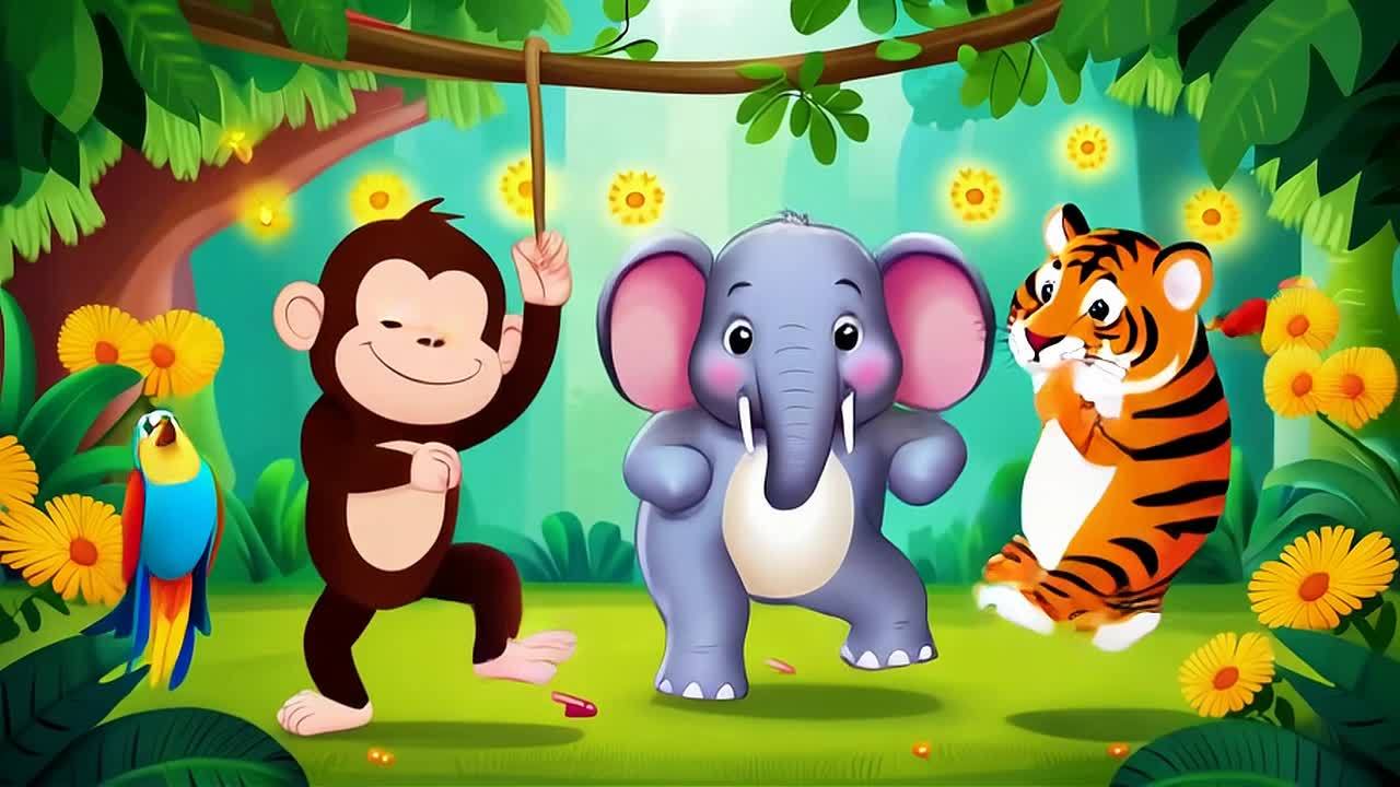 色彩鲜艳的丛林场景中，卡通动物们一同跳舞。一只顽皮
