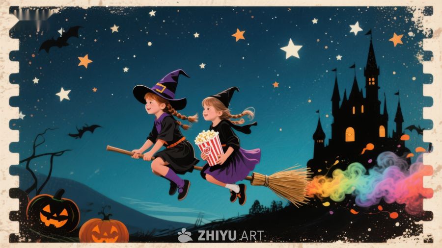 万圣夜飞行的女巫与魔法城堡