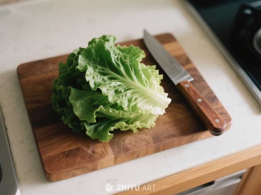 生菜与刀置于木砧板上 359
