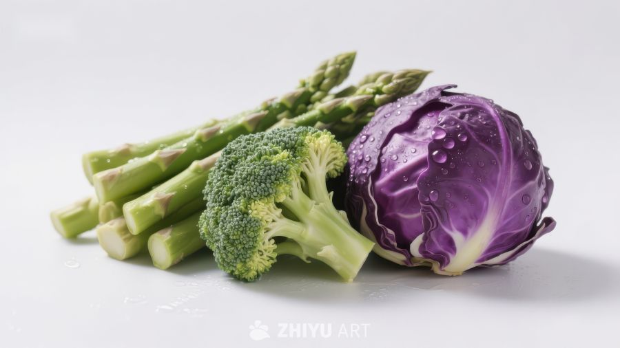 新鲜蔬菜组合：芦笋、西兰花与紫甘蓝