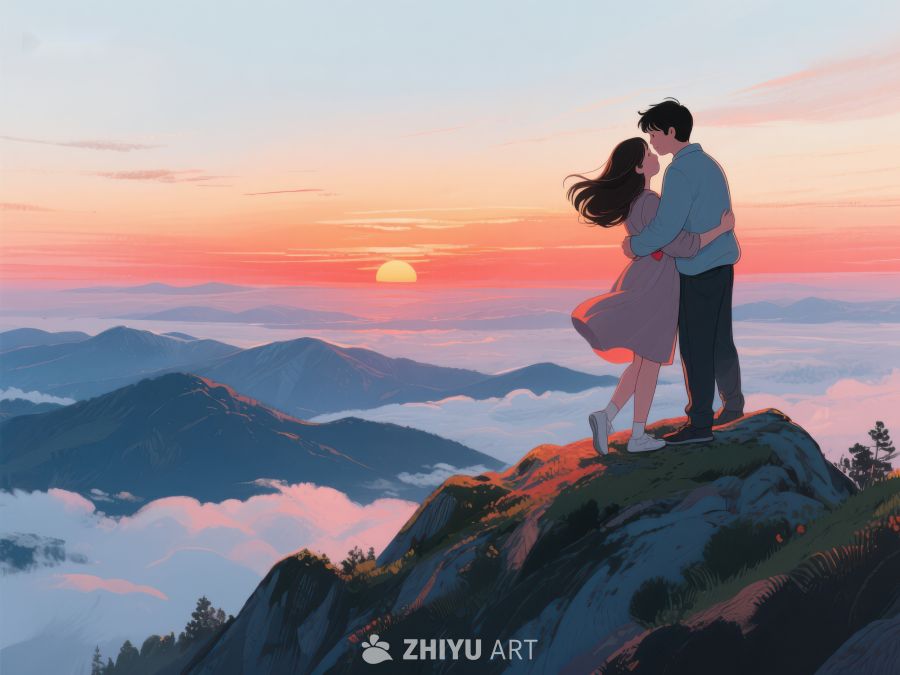 山顶情侣拥抱，共赏日落美景 643