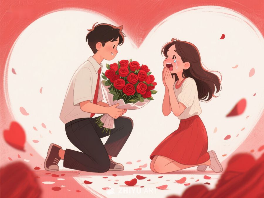 情侣跪地求婚，玫瑰花见证浪漫时刻 498