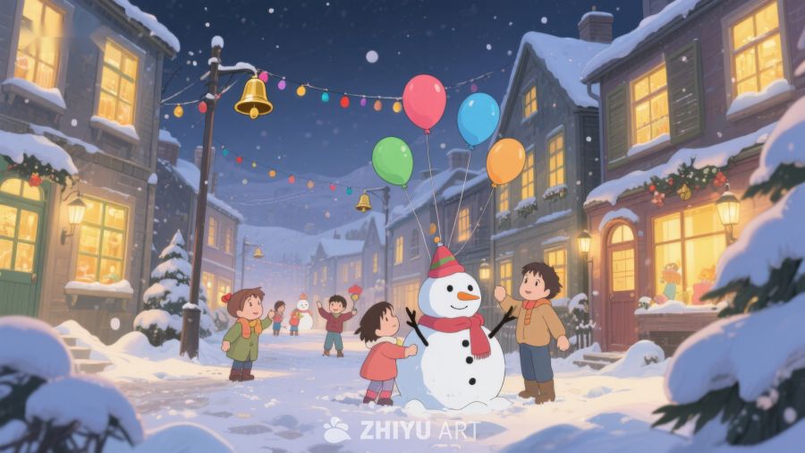 冬夜雪景中孩子们与雪人共舞 102