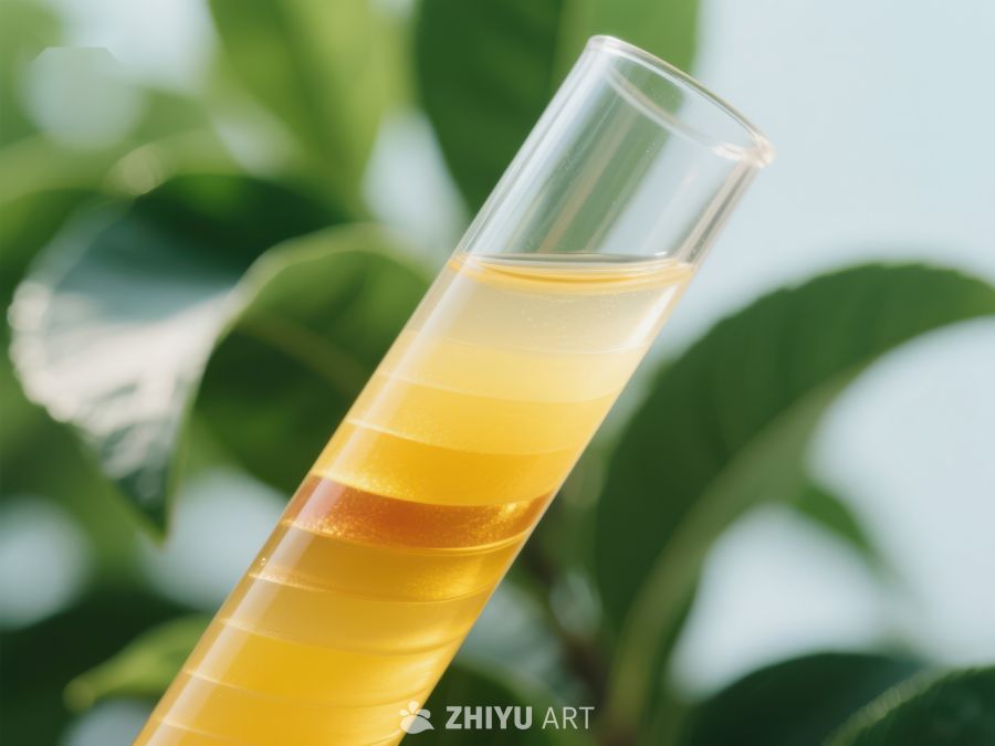 试管中的黄色液体与绿叶背景 545