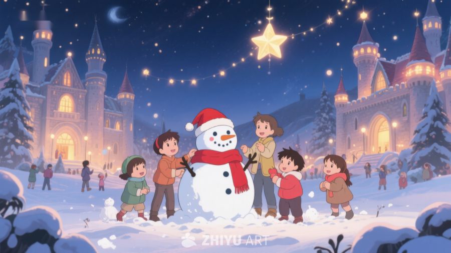 冬夜城堡前的雪人欢乐时光 36