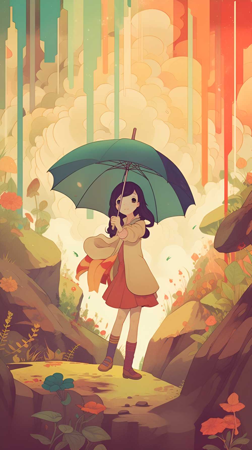 拿着伞的动画片女孩