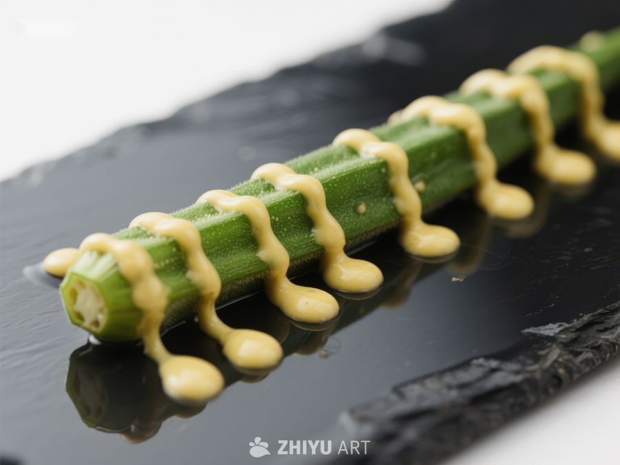 芥末点缀的绿色蔬菜特写 412