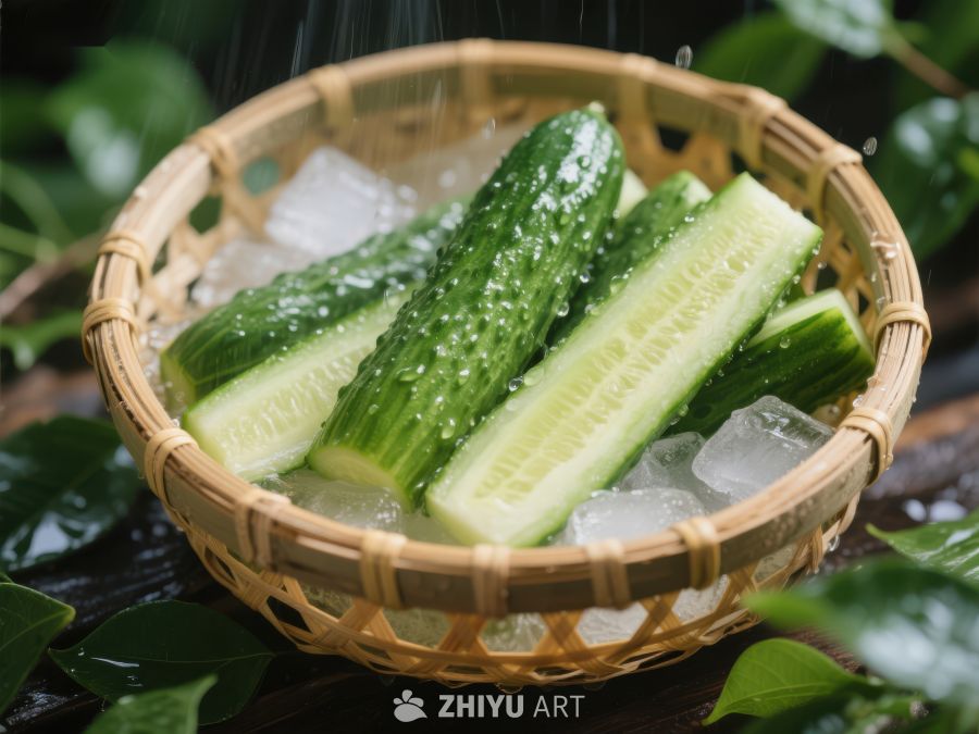 冰镇黄瓜置于竹篮中 21