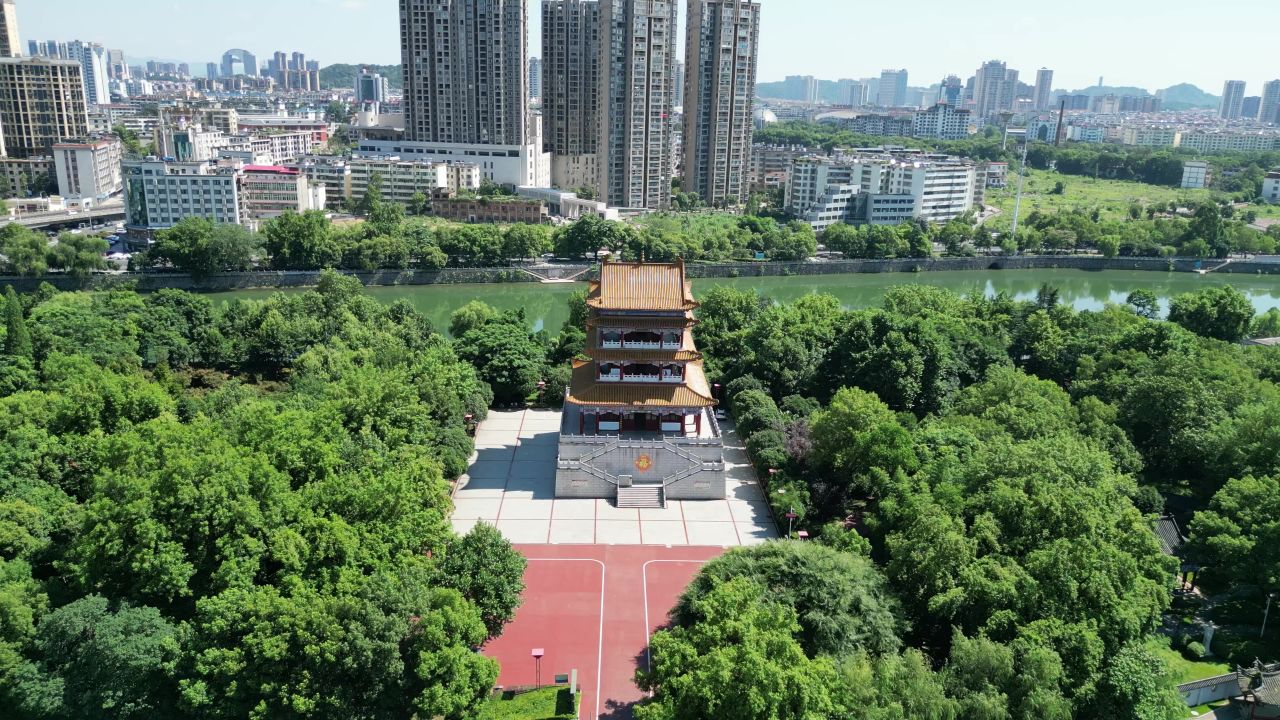 航拍江西宜春状元洲公园状元阁
