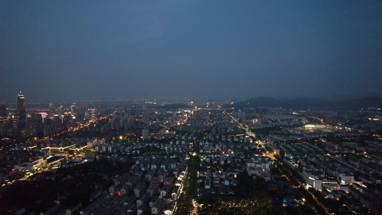 浙江绍兴城市夜景灯光航拍 