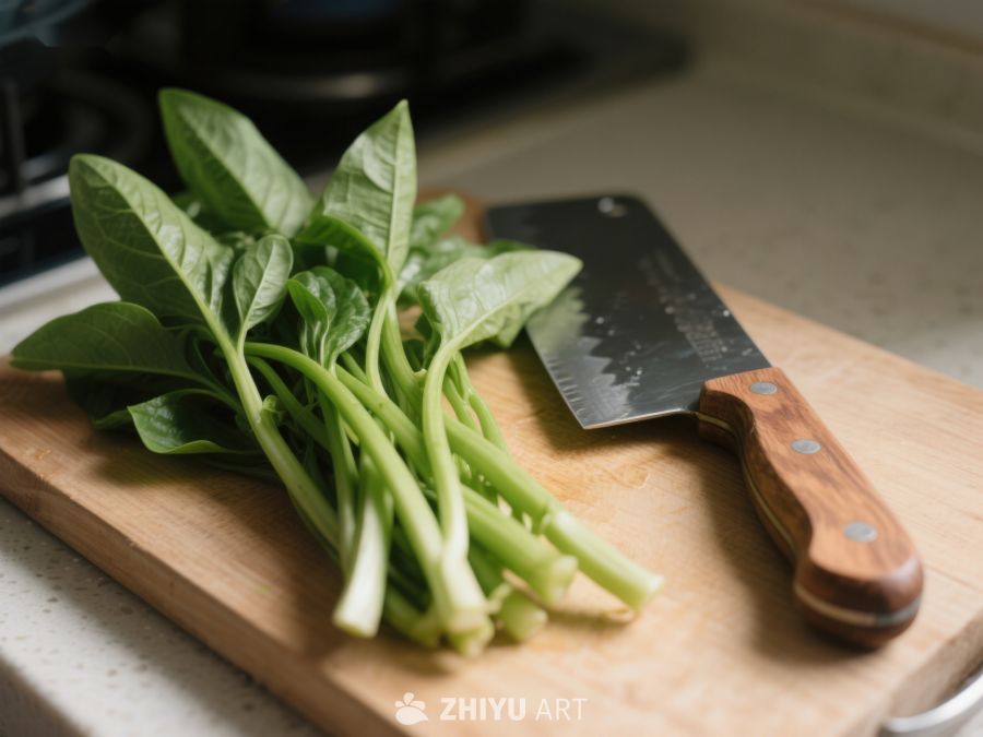新鲜绿叶蔬菜与菜刀置于砧板上 478