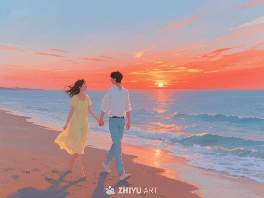 情侣海滩漫步，夕阳映照浪漫时刻 509