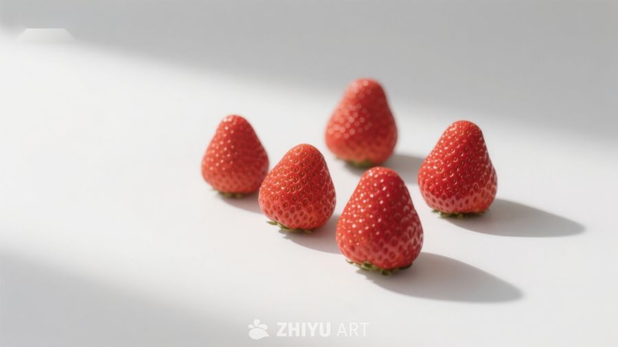 五颗草莓在白色背景上的光影