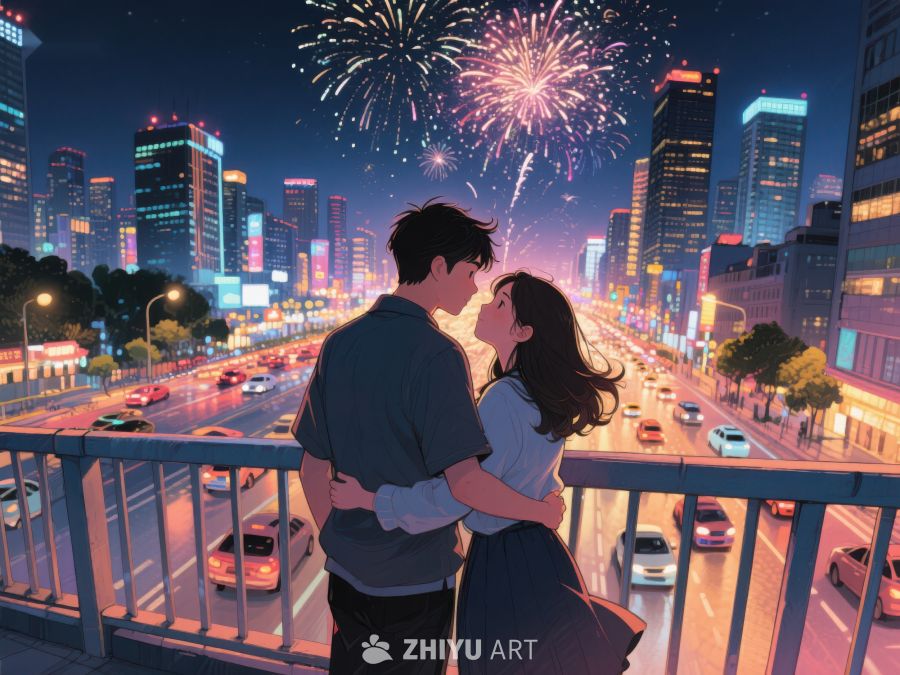 夜景烟花下的情侣拥抱 1027