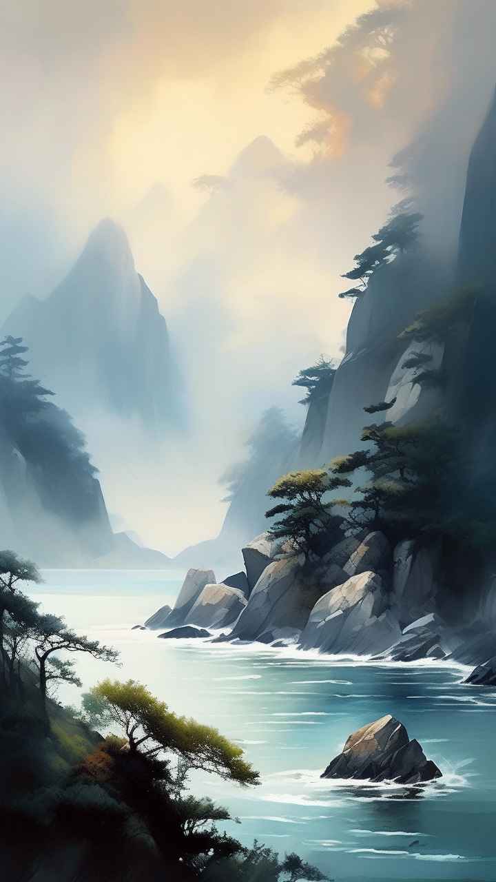雾气缭绕水墨山水画简约风格 54