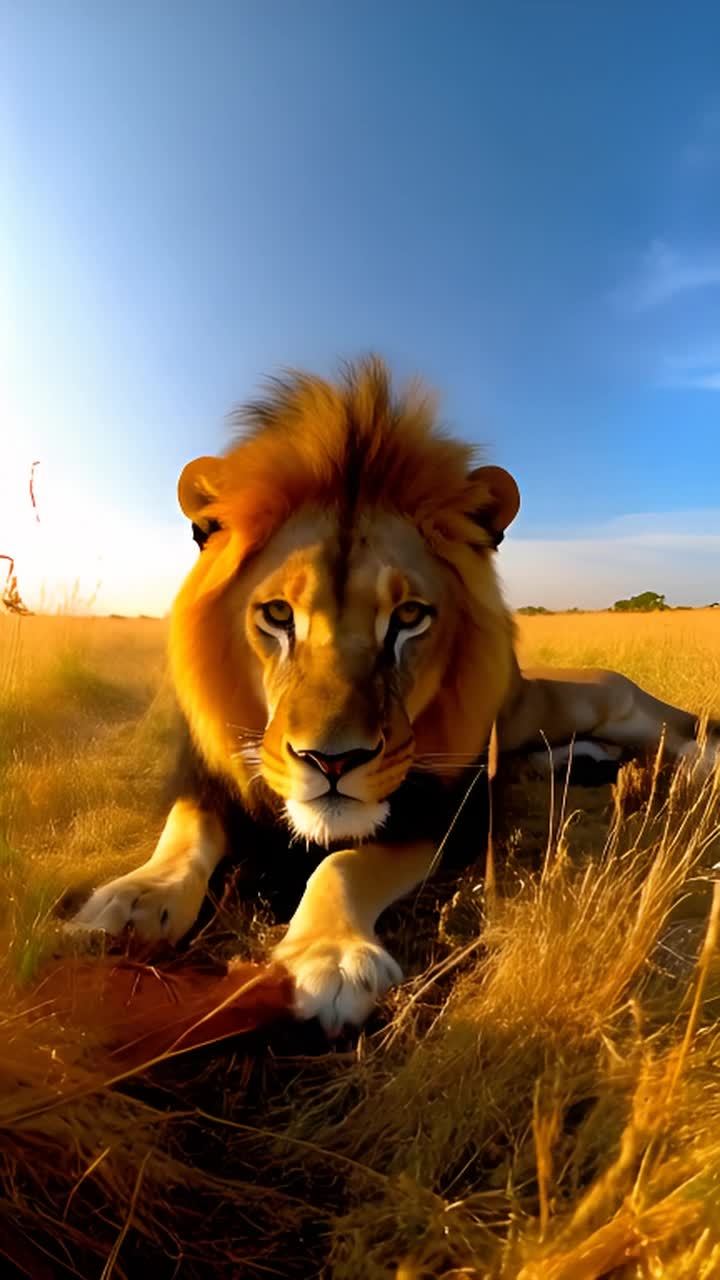 一头雄狮正在非洲大草原上享用它的猎物。狮子威严的身