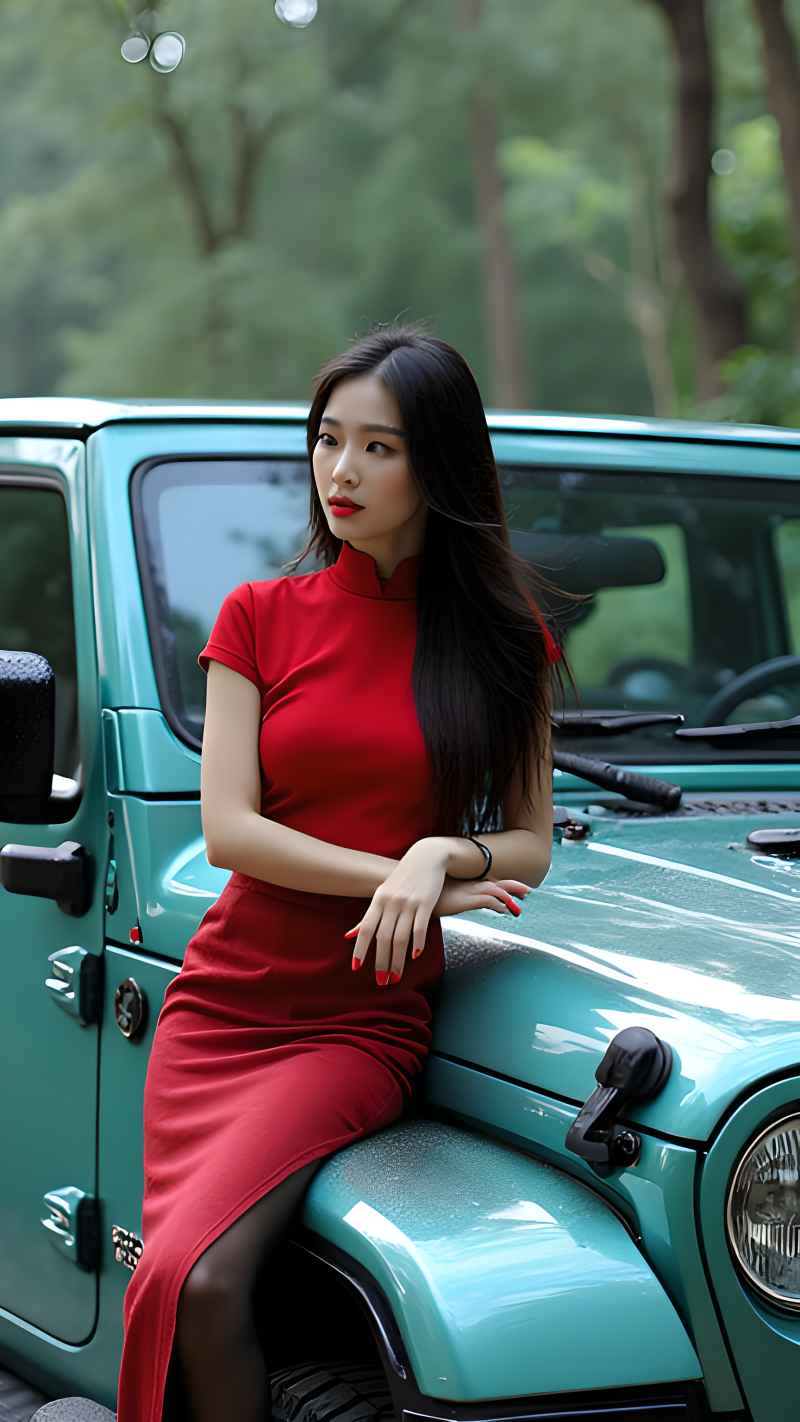 红色美女户外越野车拍照 43