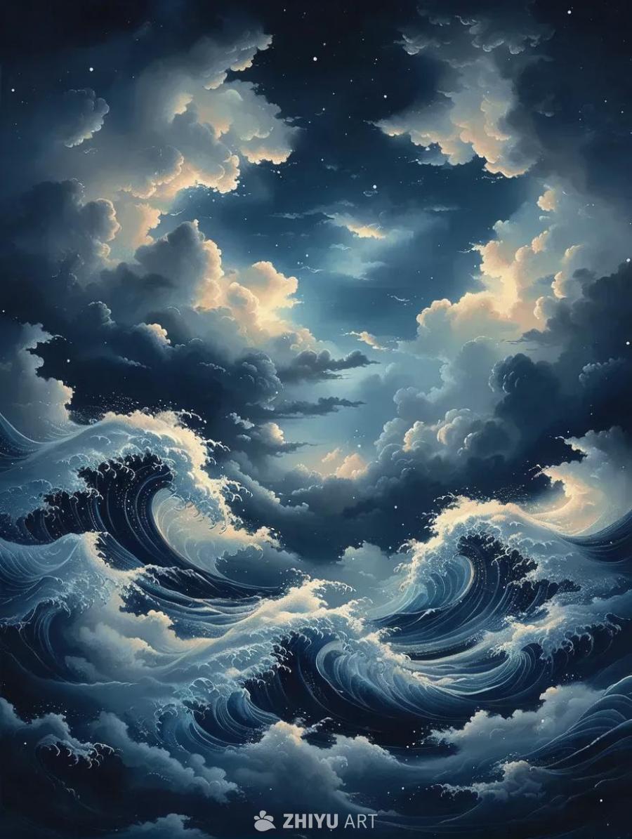 夜晚的景象，天空乌云密布。柔软的云朵环绕四周，像波