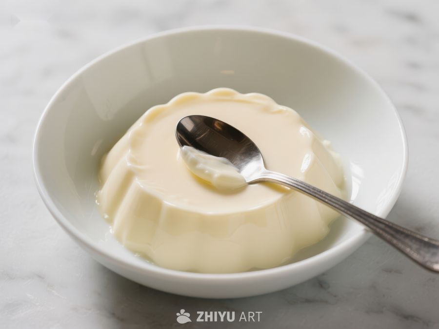 白色碗中的奶油布丁配勺子